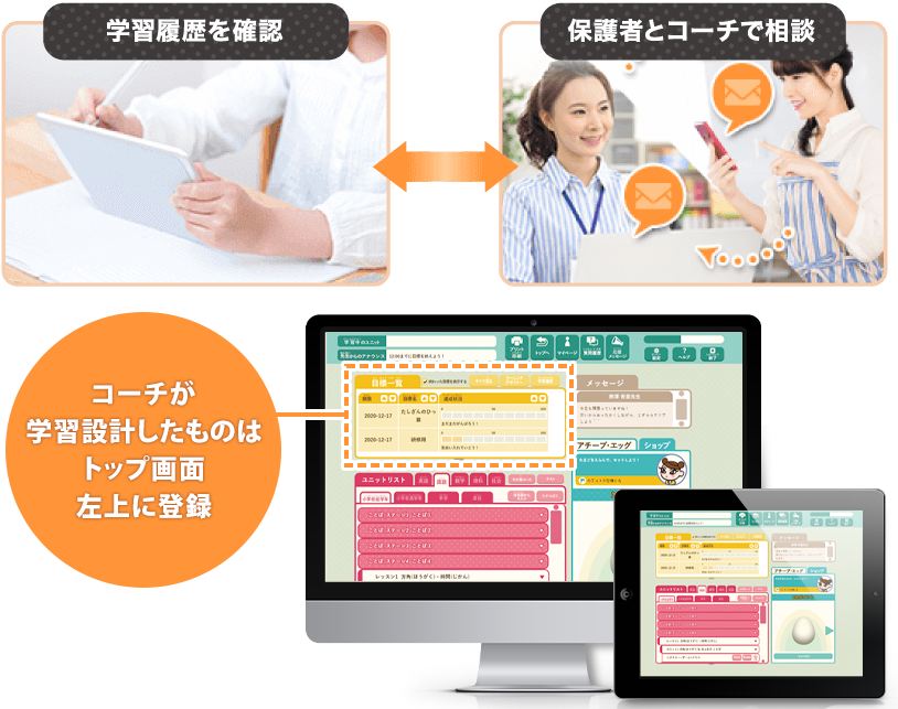 学習履歴を確認 保護者とコーチで相談 コーチが学習設計したものはトップ画面右下に登録