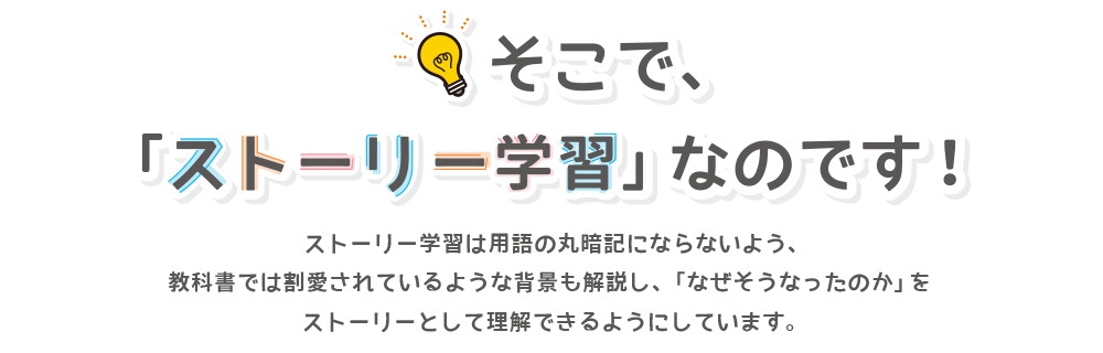 そこで、ストーリー学習なのです！ストーリー学習は用語の丸暗記にならないよう、教科書では割愛されているような背景も解説し、「なぜそうなったのか」をストーリーとして理解できるようにしています。」