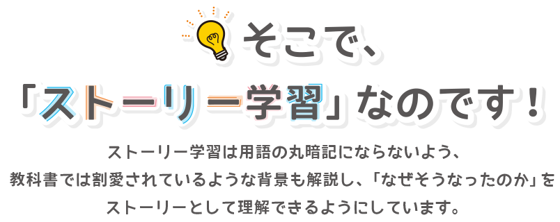 そこで、ストーリー学習なのです！ストーリー学習は用語の丸暗記にならないよう、教科書では割愛されているような背景も解説し、「なぜそうなったのか」をストーリーとして理解できるようにしています。」